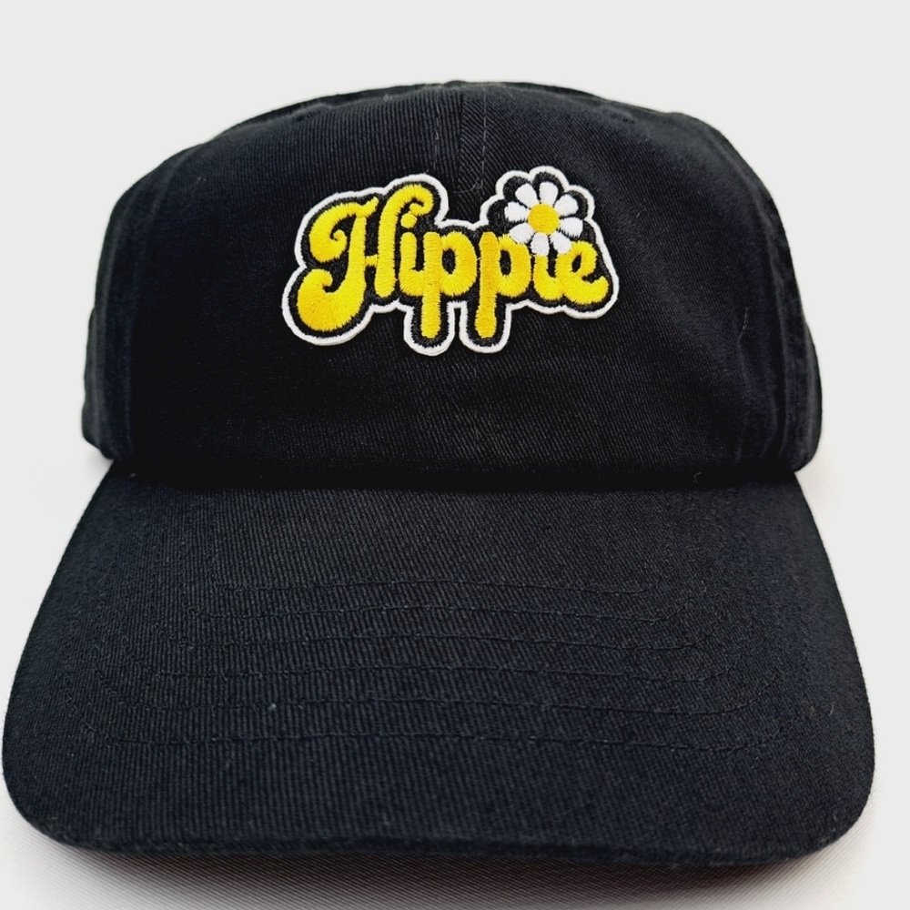 Hippie Flower Embroidered Relaxed Cotton Hat Cap Black Washed Adjusta…